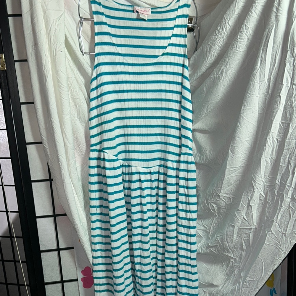 Vintage LERNER Cotton dress size medium.  Turquoise and white striped.